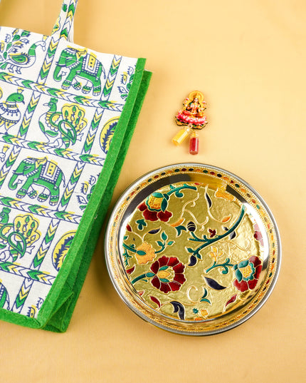Combo: Juco Elephant Print Bag with Lakshmi Haldi Kumkum & Floral Plate - WGC0116