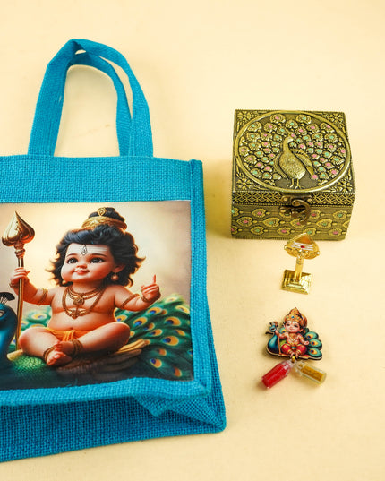 Combo: Baby Murugar Jute Bag with Dry Fruit Box, Murugan Vel & Haldi Kumkum - WGC0117