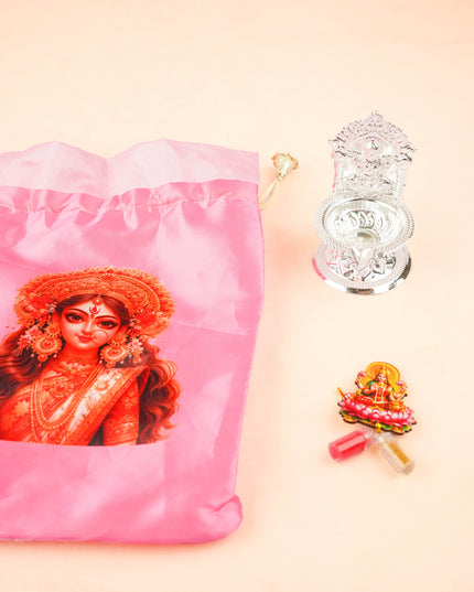 Combo: String Bag with German Silver Diya & Lakshmi Haldi Kumkum - WGC0132