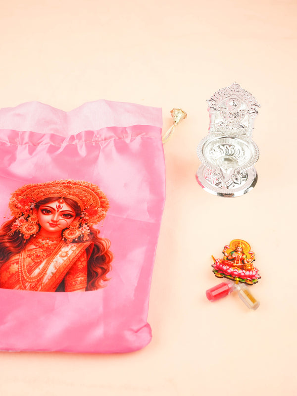 Combo: String Bag with German Silver Diya & Lakshmi Haldi Kumkum - WGC0132