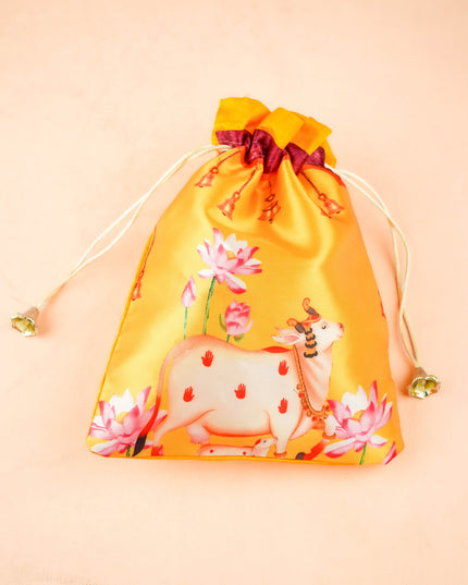 Combo: Pichwai String Bag with 2 Cup Kumkum Holder & Cow Haldi Kumkum - WGC0134
