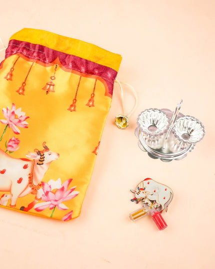 Combo: Pichwai String Bag with 2 Cup Kumkum Holder & Cow Haldi Kumkum - WGC0134