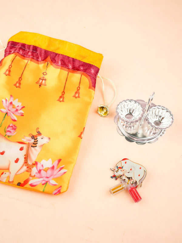 Combo: Pichwai String Bag with 2 Cup Kumkum Holder & Cow Haldi Kumkum - WGC0134