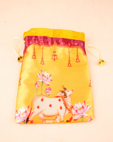 Combo: Pichwai String Bag with 2 Cup Kumkum Holder & Cow Haldi Kumkum - WGC0134