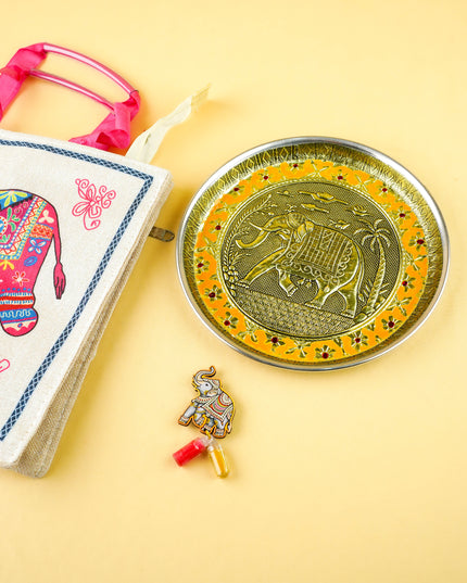 Combo: Elephant Print Handbag with Elephant Plate & Haldi Kumkum - WGC0152