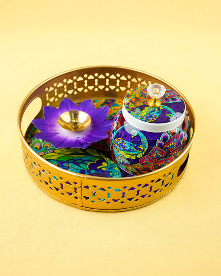 Combo: Tray with Peacock Tray, Jar, Diya with Trousse Packing - WGC0158