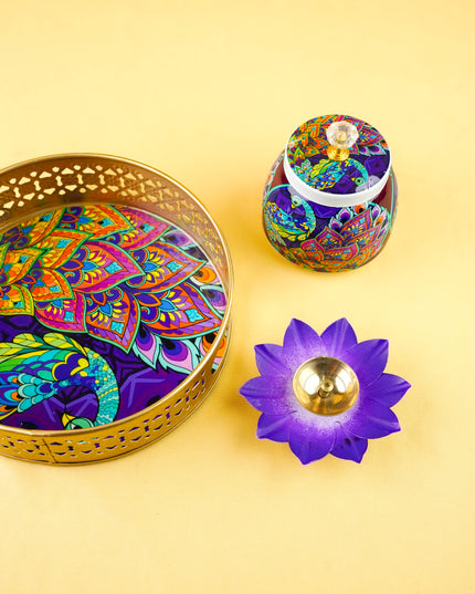 Combo: Tray with Peacock Tray, Jar, Diya with Trousse Packing - WGC0158