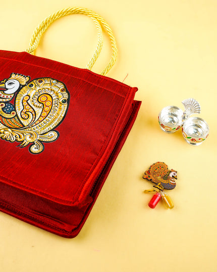 Combo: Raw Silk Annapakshi Handbag with 2 Cup Kumkum Holder & Haldi Kumkum - WGC0161