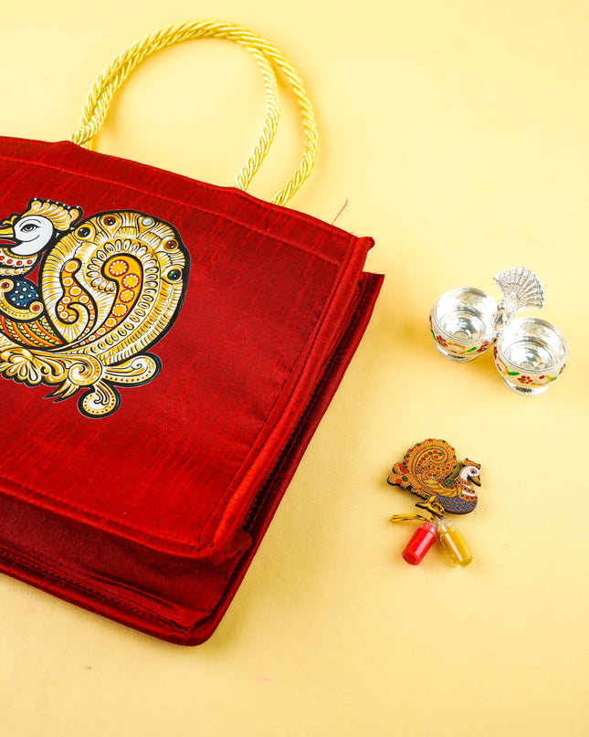 Combo: Raw Silk Annapakshi Handbag with 2 Cup Kumkum Holder & Haldi Kumkum - WGC0161