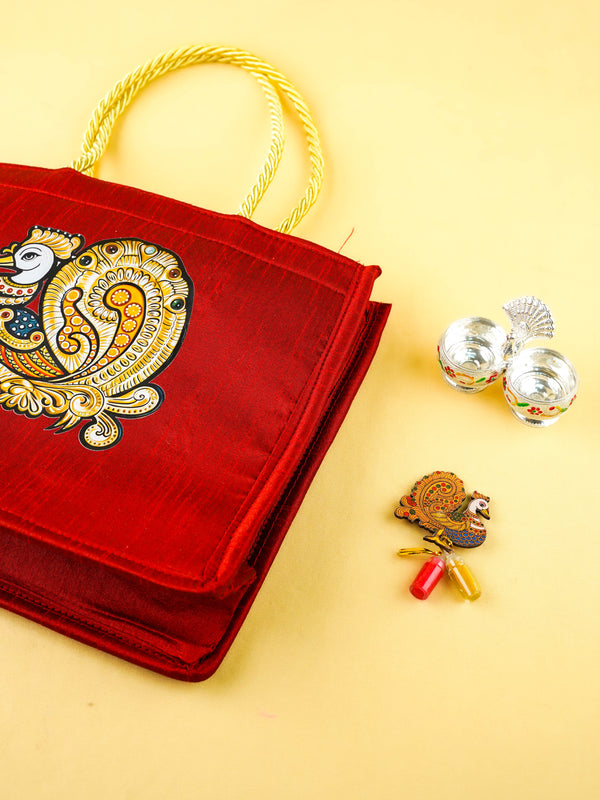 Combo: Raw Silk Annapakshi Handbag with 2 Cup Kumkum Holder & Haldi Kumkum - WGC0161