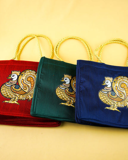 Combo: Raw Silk Annapakshi Handbag with 2 Cup Kumkum Holder & Haldi Kumkum - WGC0161