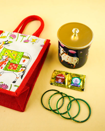 Combo: Pichwai Jute Bag with Metal Jar & Bangle Manjal Kumkum - WGC0162
