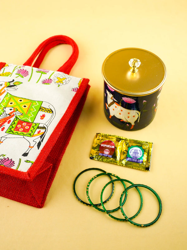 Combo: Pichwai Jute Bag with Metal Jar & Bangle Manjal Kumkum - WGC0162