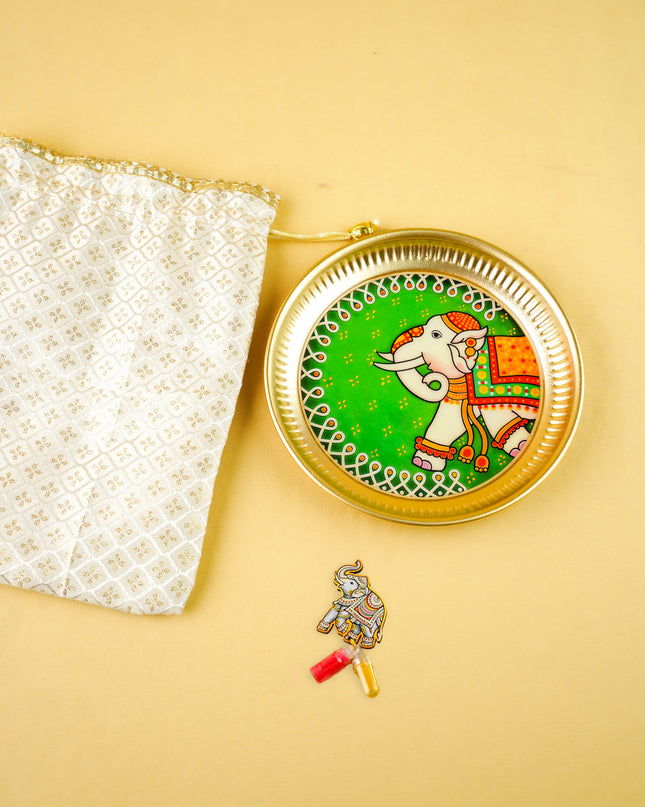 Combo: String Bag with Elephant Print Plate & Haldi Kumkum - WGC0163