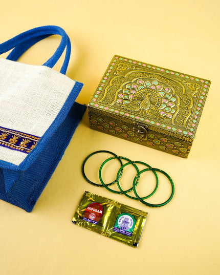 Combo: Jute Bag with Peacock Jewel Box & Bangle Manjal Kumkum - WGC0164