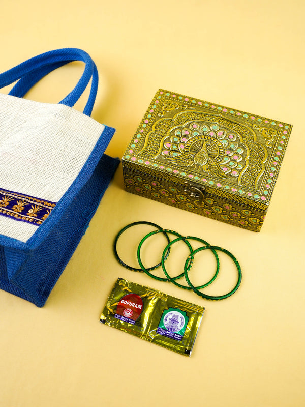 Combo: Jute Bag with Peacock Jewel Box & Bangle Manjal Kumkum - WGC0164