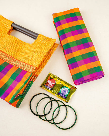 Combo: Traditional Checked Blouse Bit with Jute Bag & Bangle Manjal Kumkum - WGC0165