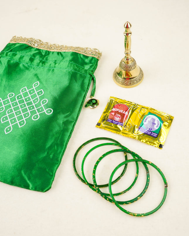Combo: Kolam Print String Bag with Brass Bell & Bangle Manjal Kumkum - WGC0166