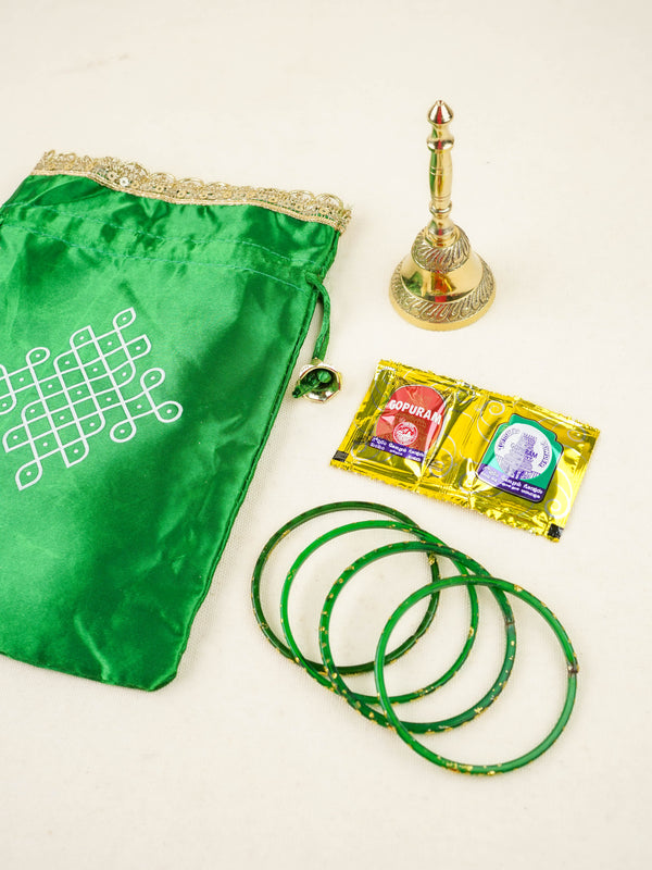 Combo: Kolam Print String Bag with Brass Bell & Bangle Manjal Kumkum - WGC0166