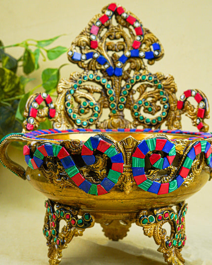 Brass Urli with Stone Work - 11 inch - WL0319