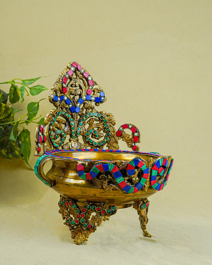 Brass Urli with Stone Work - 11 inch - WL0319