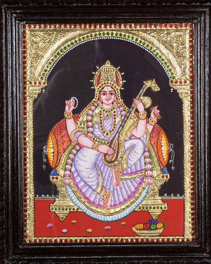 Tanjore Painting - Saraswathi - Flat (Gold Foil) - 15x12 inch - WL0461