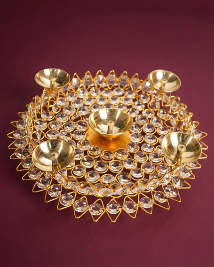 Brass Decorative Lotus Leaf Shaped Crystal Diya - WL1749