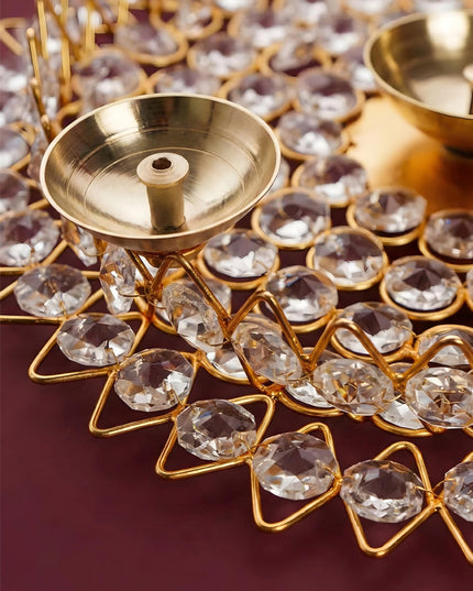 Brass Decorative Lotus Leaf Shaped Crystal Diya - WL1749