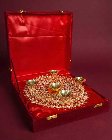 Brass Decorative Lotus Leaf Shaped Crystal Diya - WL1749