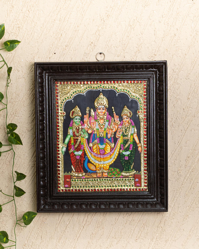 Tanjore Painting - Murugan-Valli-Deivanai - Flat (Gold Foil) - 12x10 inch - WL1853