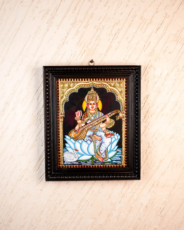 Tanjore Painting - Swan Saraswathi - Flat (Gold Foil) - 15x12 inch - WL2994