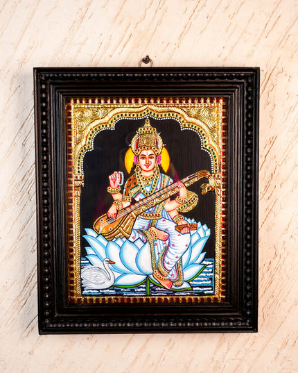 Tanjore Painting - Swan Saraswathi - Flat (Gold Foil) - 15x12 inch - WL2994