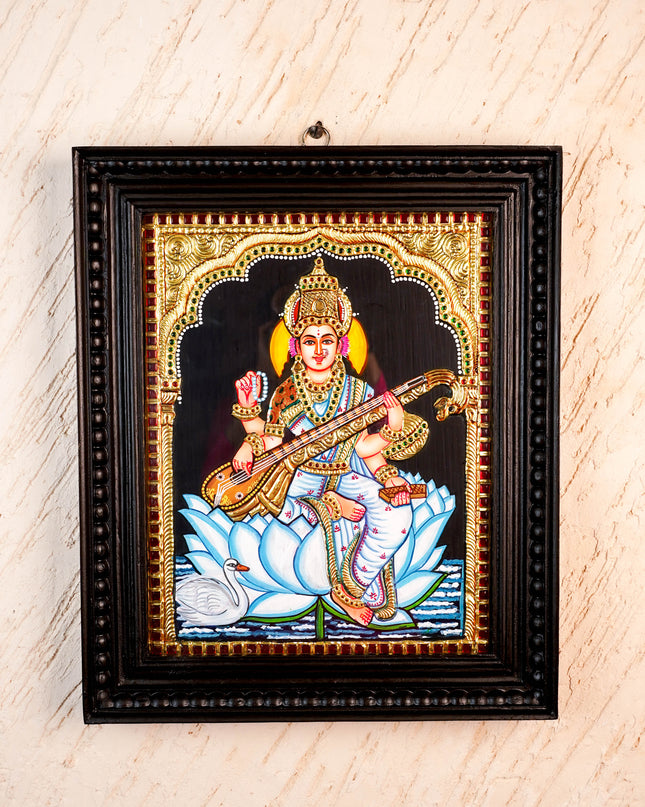 Tanjore Painting - Swan Saraswathi - Flat (Gold Foil) - 15x12 inch - WL2994