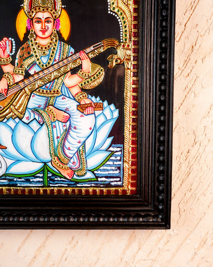 Tanjore Painting - Swan Saraswathi - Flat (Gold Foil) - 15x12 inch - WL2994