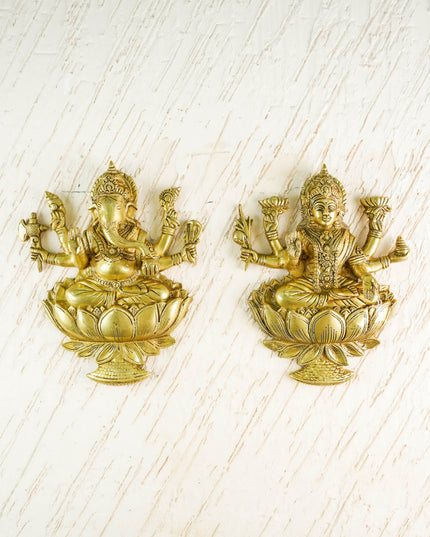 Brass Lakshmi Ganesha Wall Hanging - 12 inch - Set of 2 - WL3038