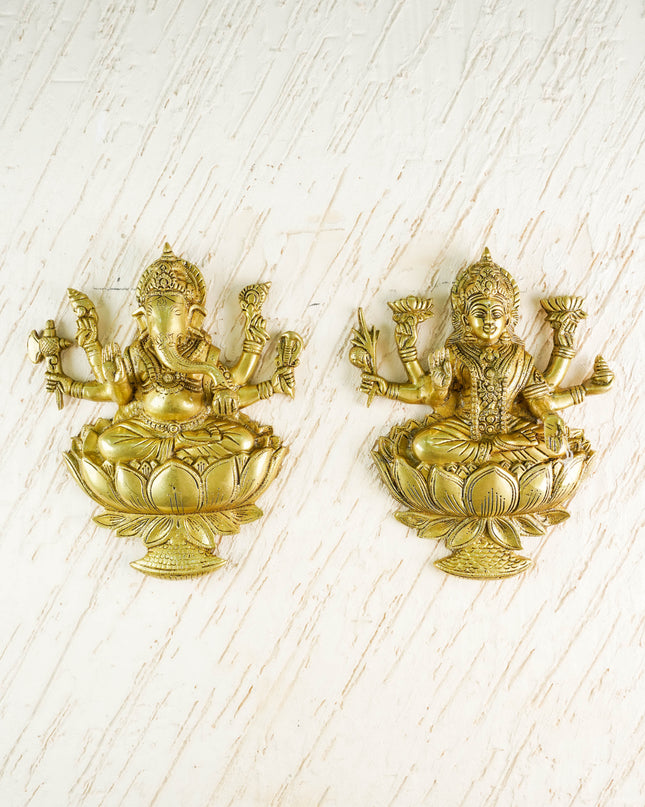 Brass Lakshmi Ganesha Wall Hanging - 12 inch - Set of 2 - WL3038