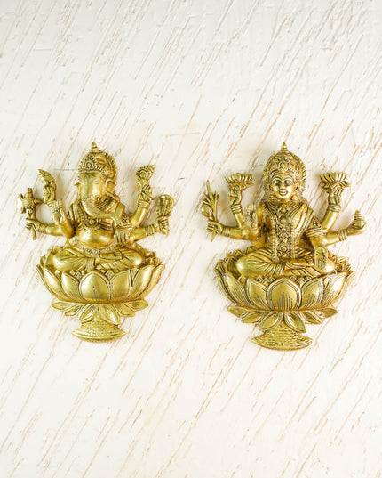 Brass Lakshmi Ganesha Wall Hanging - 12 inch - Set of 2 - WL3038