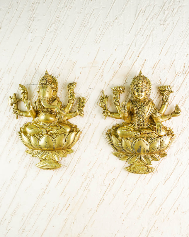 Brass Lakshmi Ganesha Wall Hanging - 12 inch - Set of 2 - WL3038