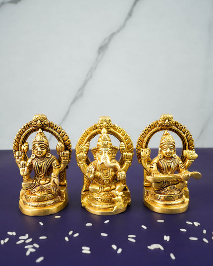 Brass Lakshmi Ganesha Saraswathi Idols in Frame - Set of 3 - WL3689