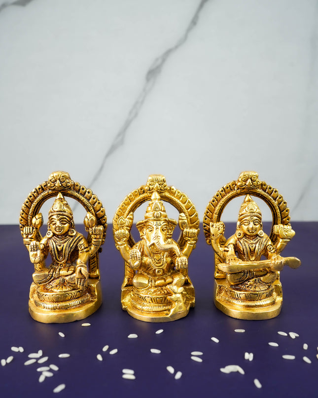 Brass Lakshmi Ganesha Saraswathi Idols in Frame - Set of 3 - WL3689