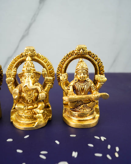 Brass Lakshmi Ganesha Saraswathi Idols in Frame - Set of 3 - WL3689