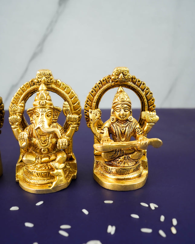 Brass Lakshmi Ganesha Saraswathi Idols in Frame - Set of 3 - WL3689