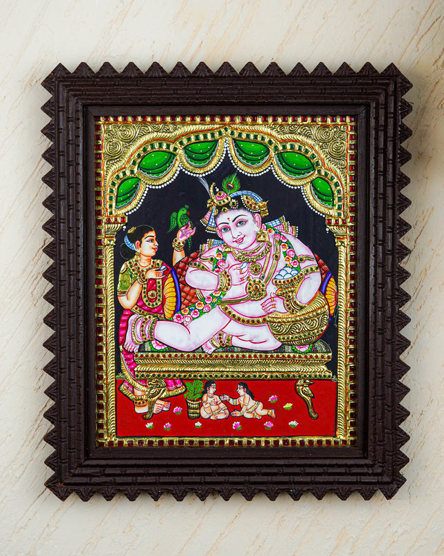 Tanjore Painting Butter Krishna (Chettinad Frame) - Flat (Gold foil) - 15x12 inch - WL3783