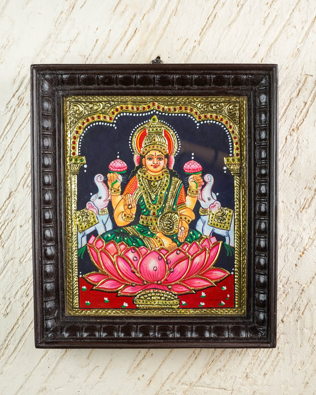 Tanjore Painting - Gajalakshmi on Lotus - Flat (Gold Foil) - 12x10inch - WL3981