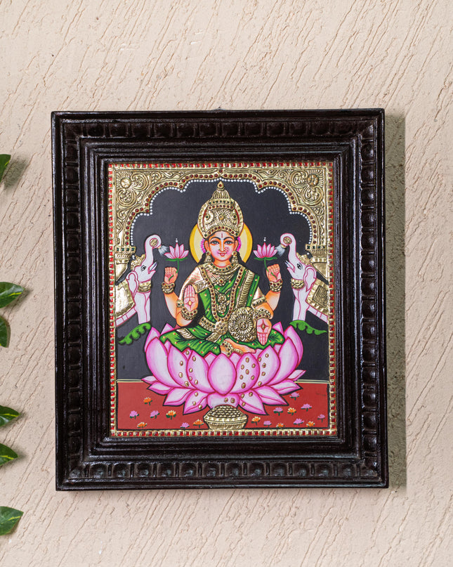 Tanjore Painting - Gajalakshmi on Lotus - Flat (Gold Foil) - 12x10inch - WL3981