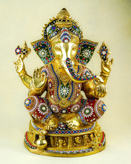 Brass Ganesha Idol with Multicolour Stone Work - WL4084