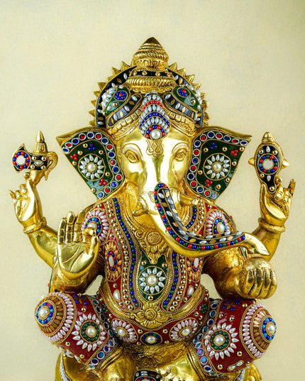 Brass Ganesha Idol with Multicolour Stone Work - WL4084