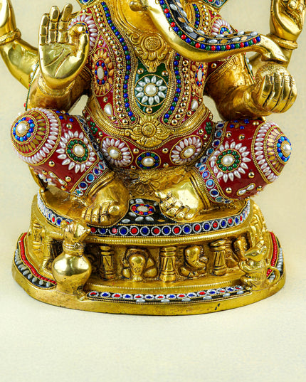 Brass Ganesha Idol with Multicolour Stone Work - WL4084