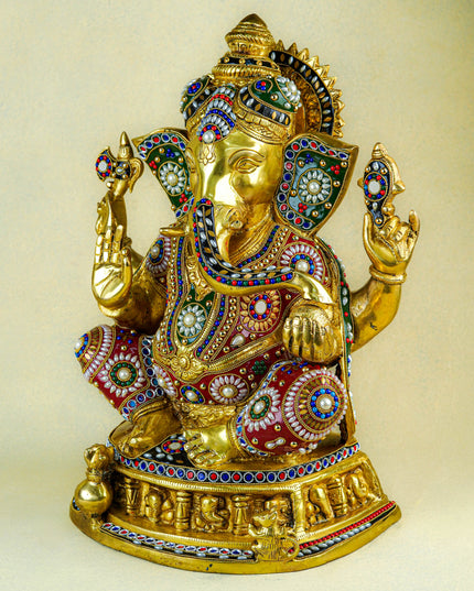 Brass Ganesha Idol with Multicolour Stone Work - WL4084