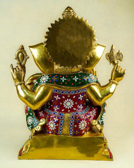 Brass Ganesha Idol with Multicolour Stone Work - WL4084
